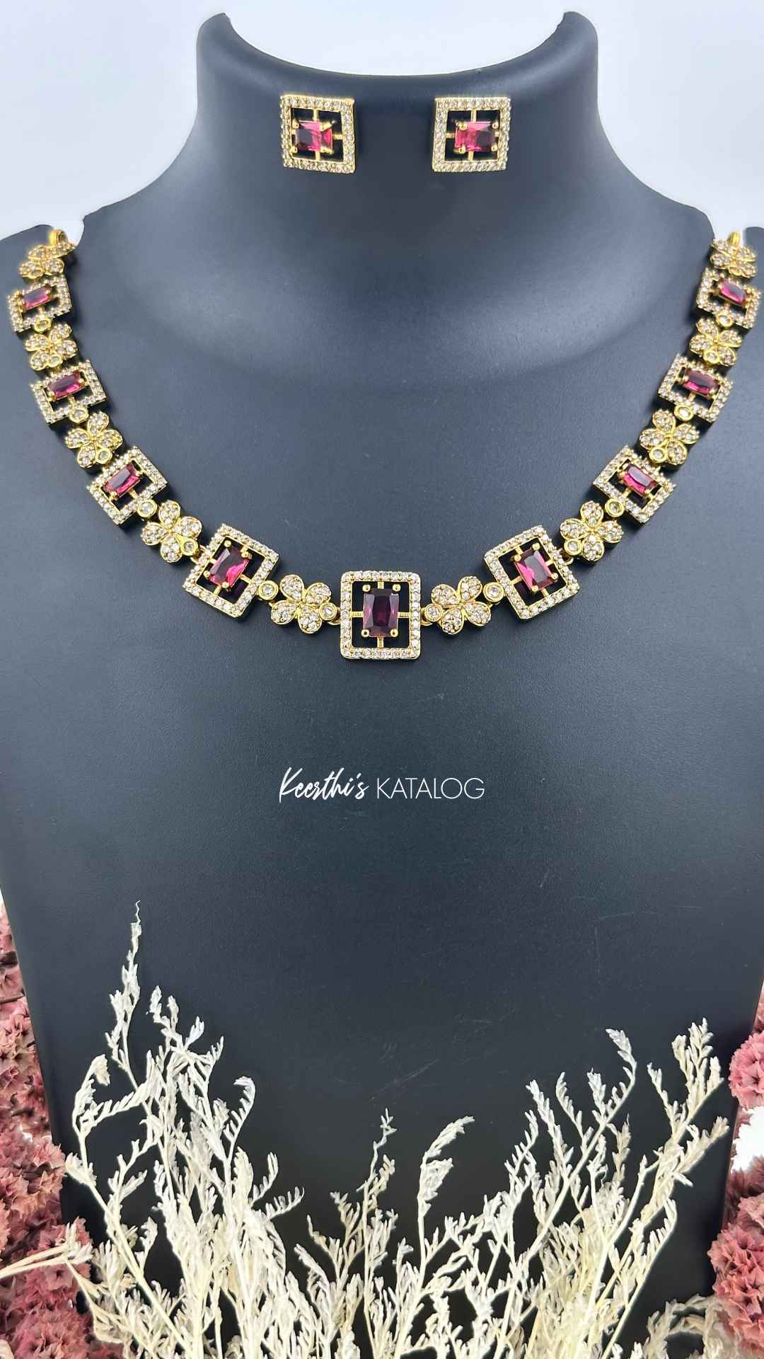 KA1023 - Ruby Square Blossom Necklace